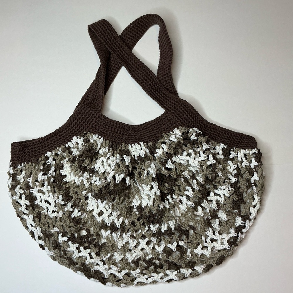 Large Crochet Mesh Market Bag Brown White Cotton Handcrafted Handmade Reusable - Picture 6 of 16